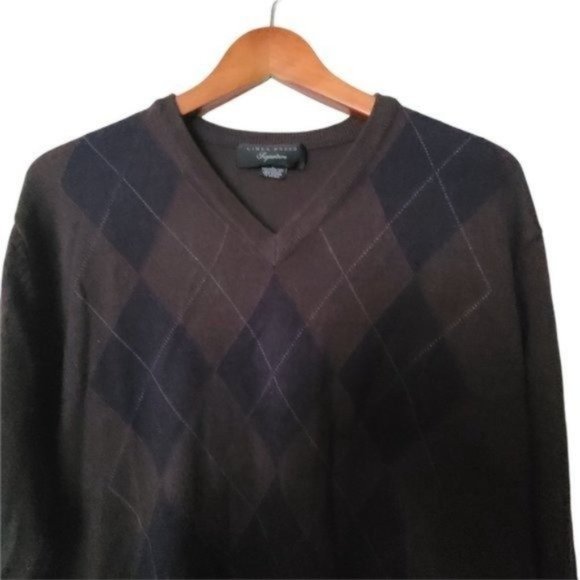 Linea Rosso Lightweight‎ Merino Wool Blend Sweater Argyle Brown L Large V-Neck - Picture 3 of 9